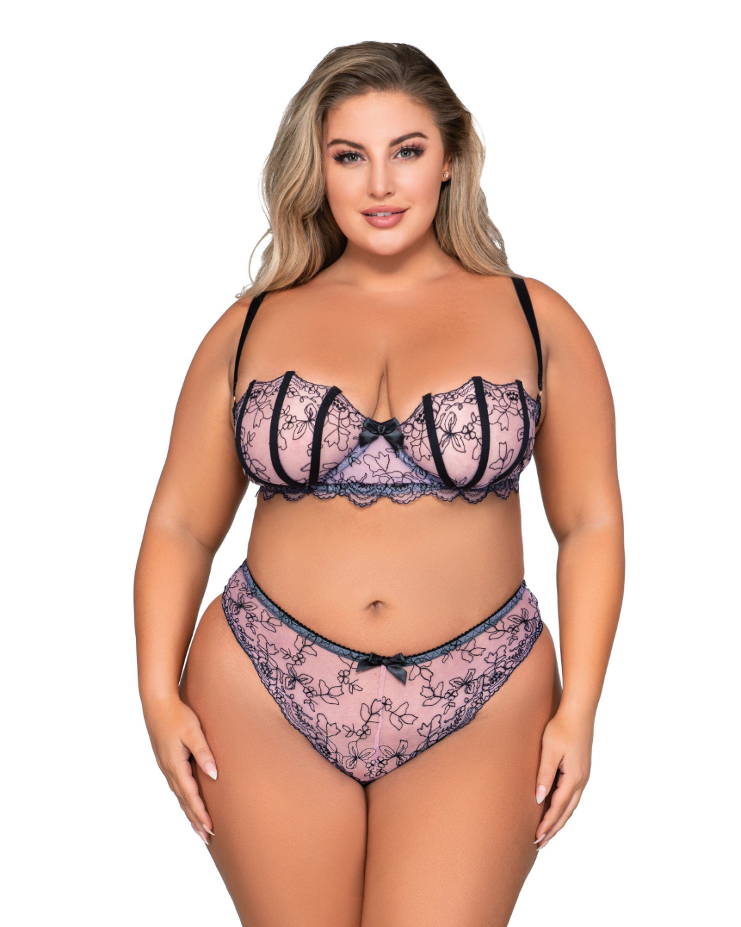 Front facing blonde model wearing Dreamgirl Lavender Shell Bra and Matching G-string Set xl - 3x
