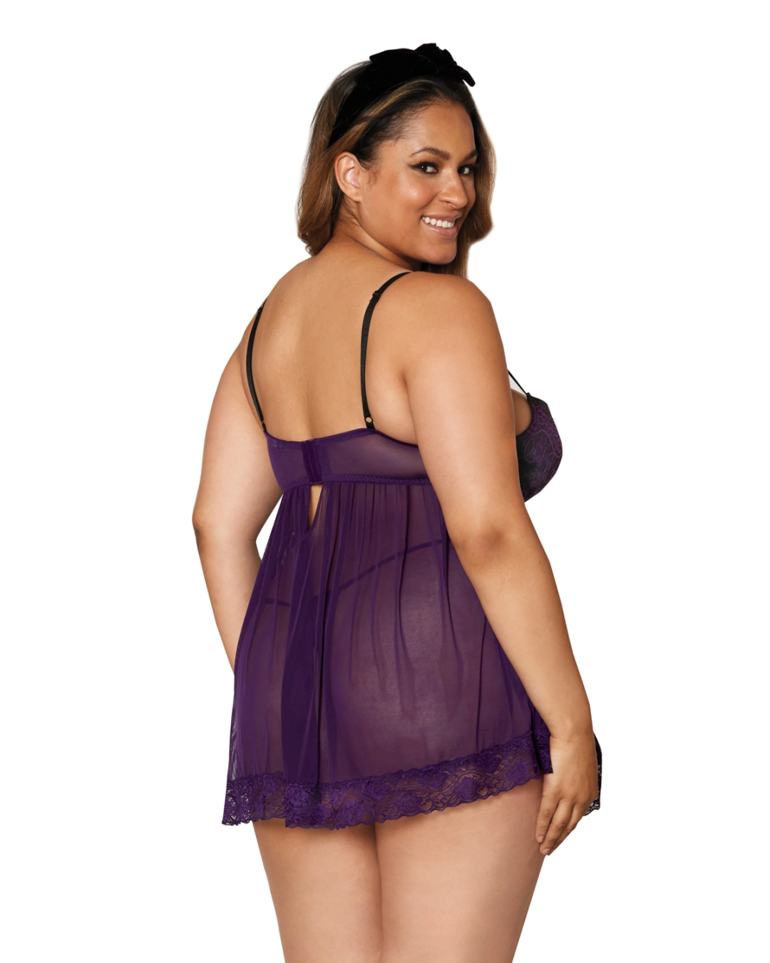 Smiling model back view wearing Dreamgirl Plus Size Contrast Lace Overlay Babydoll