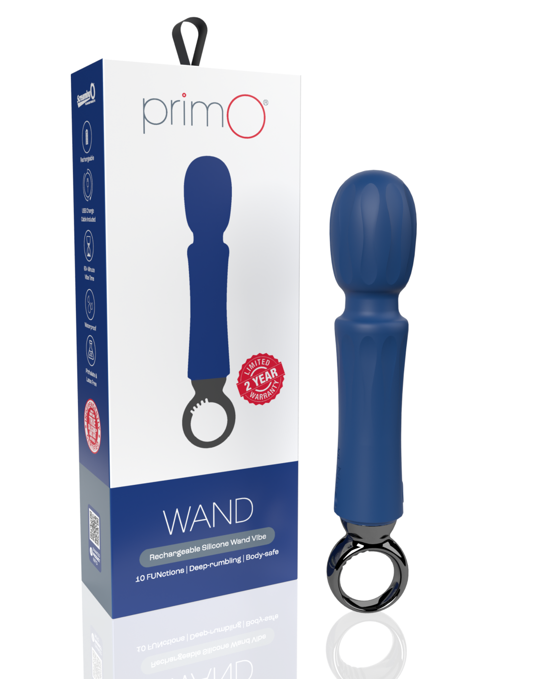 Screaming O Primo Wand Vibrator with Finger Loop next to product box 