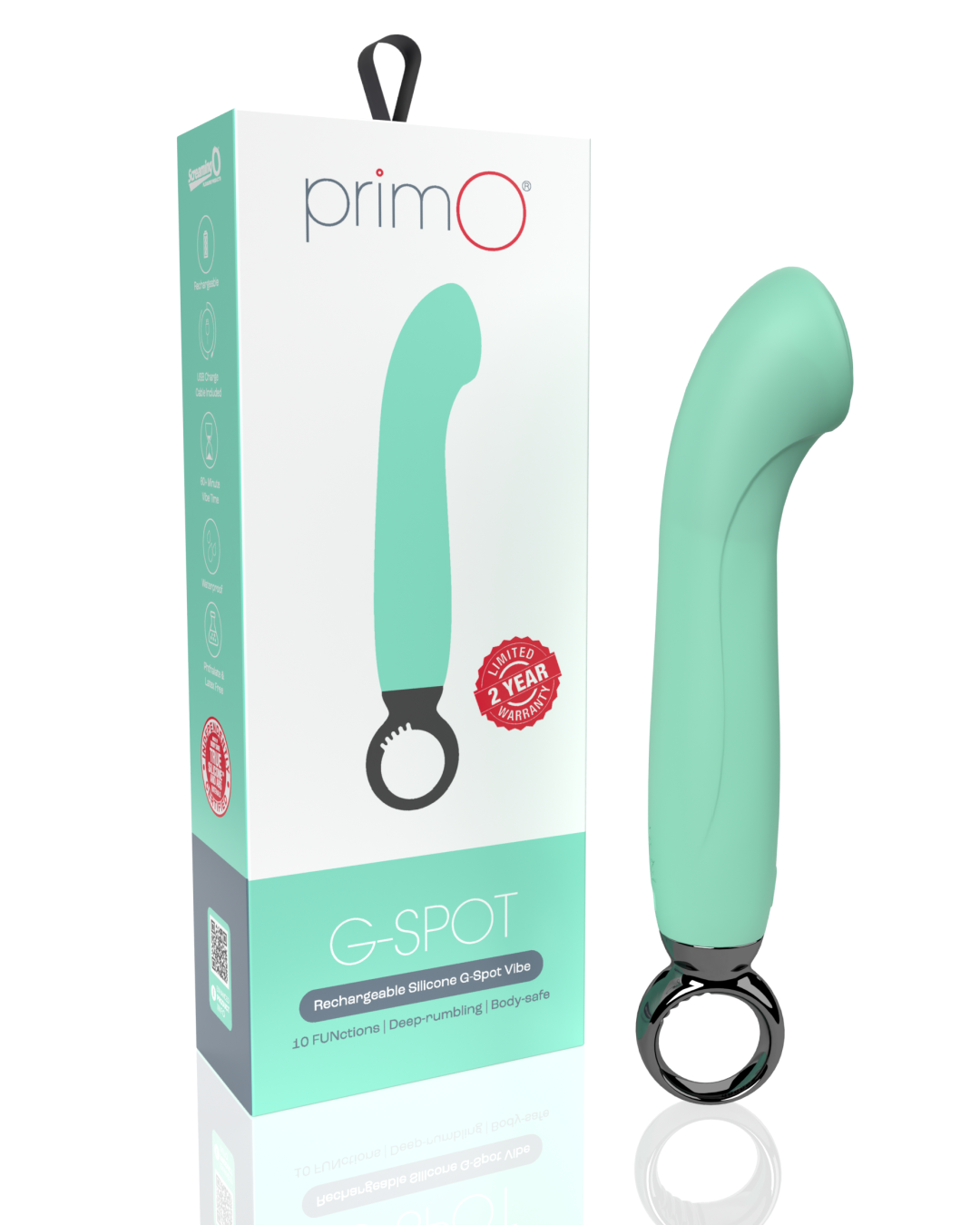 Screaming O Primo G-Spot Vibrator with Finger Loop next to product box 