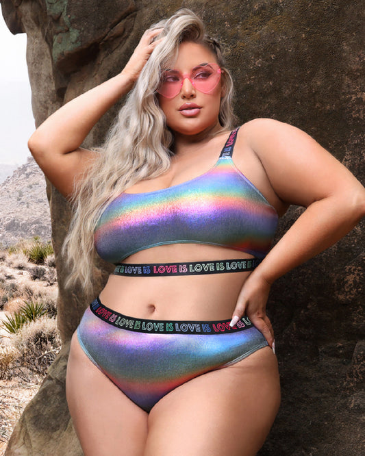 Blonde model with pink sunglasses wearing Love is Love Plus Size Rainbow Bra and Panty Set 