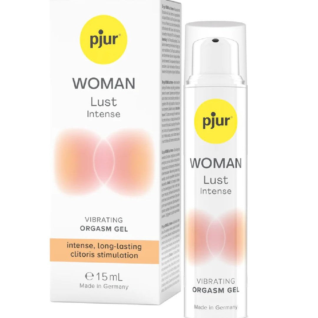 An image of a 15mL bottle and its box labeled "Lust Intense Orgasm Gel by Pjur Woman." The box displays a yellow circle with "Pjur" written inside and text indicating "intense, long-lasting clitoris stimulation." The product is made in Germany.