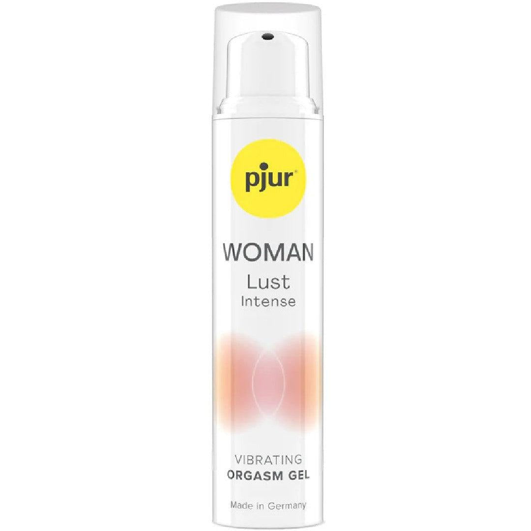 A white cylindrical bottle of Lust Intense Orgasm Gel by Pjur Woman 15 ml. The bottle features a yellow circle with the Pjur logo at the top and the product description below. The label includes red and pink gradient accents. Made in Germany.