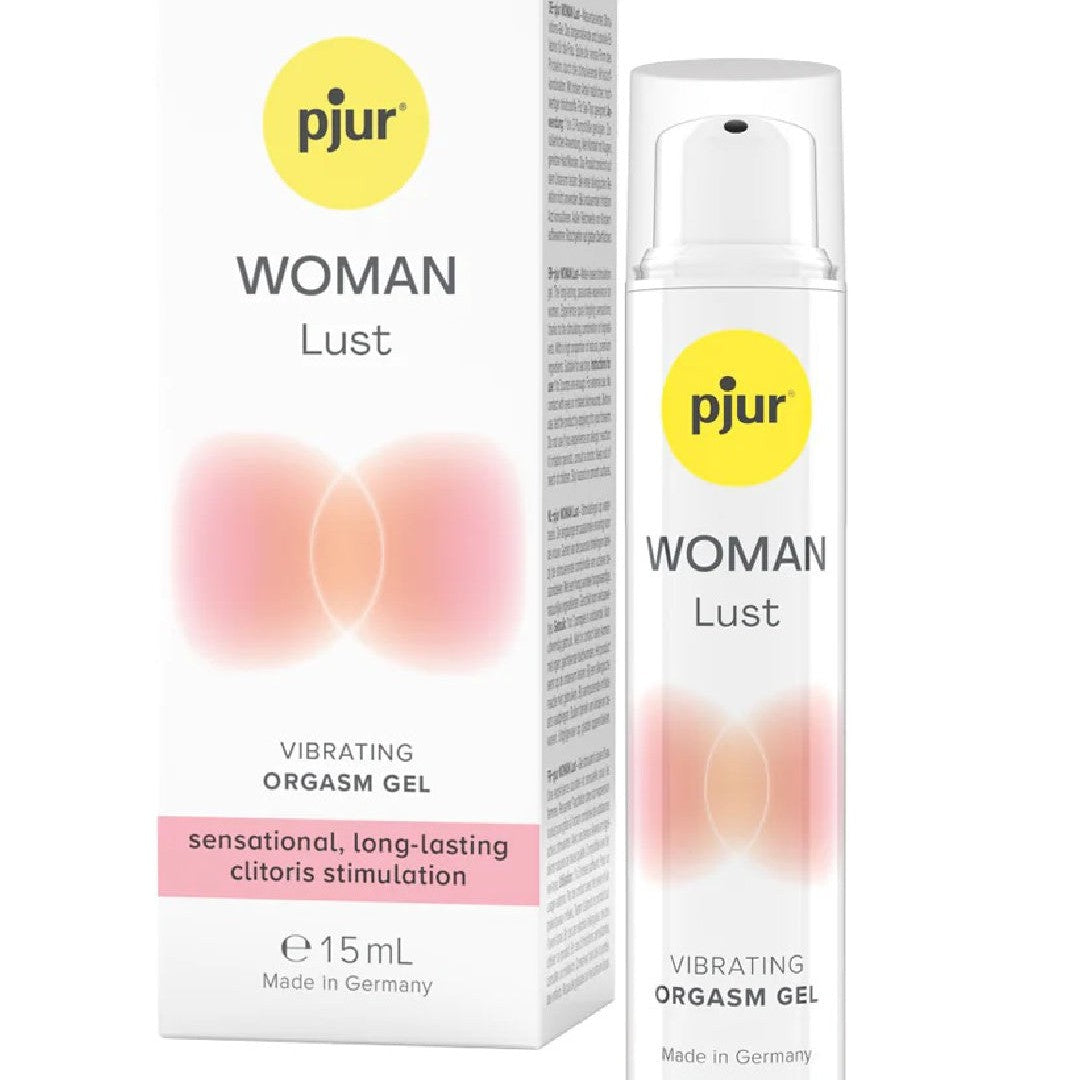 A product image of Lust Orgasm Gel by Pjur Woman 15 ml. The image shows a 15 mL bottle next to its packaging box. The box features the Pjur logo, product name, and description highlighting "sensational, long-lasting clitoris stimulation.