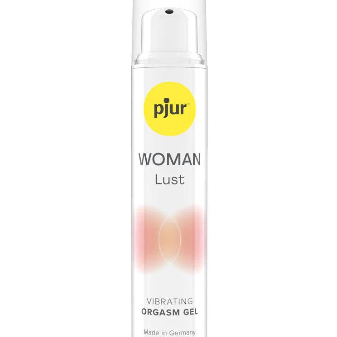 A clear bottle with a white cap containing Lust Orgasm Gel by Pjur Woman 15 ml. The bottle has a yellow circle with "pjur" inside at the top, and text in the middle and bottom sections indicating its use and origin, "Made in Germany.