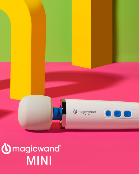 Magic Wand Mini Wand Vibrator (The Hitachi Magic Wand) on pink andyellow background 