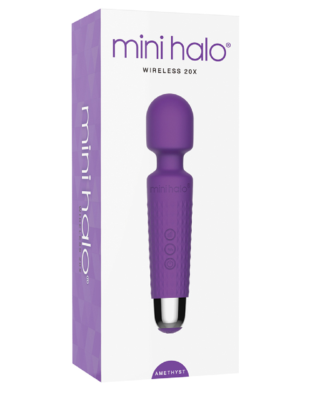 Mini Halo Extra Powerful Wand Vibrator - Purple  white and purple product box  