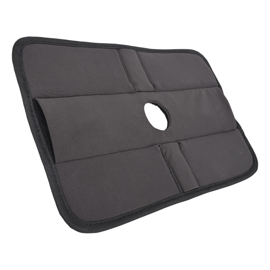 A portable black cushioned laptop stand with a built-in mouse pad, an opening for enhanced cooling, and Pivot 3 in 1 Play Pad Toy Mount compatibility by Sportsheets.