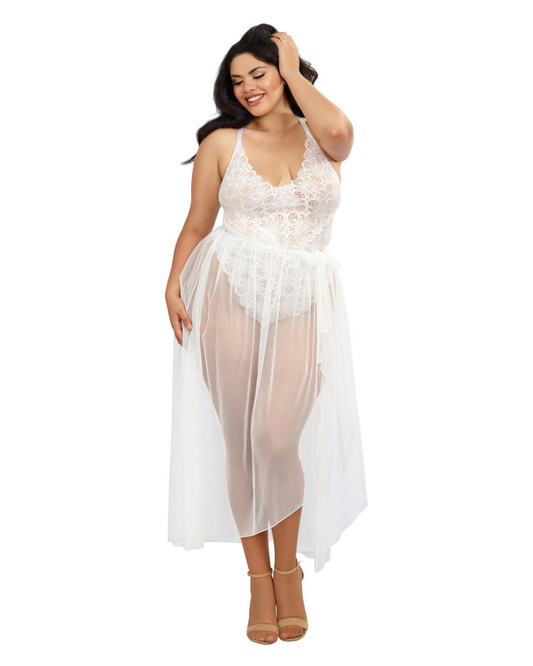 Dark haired model wearing Dreamgirl White Stretch Lace Teddy & Sheer Mesh Maxi Skirt & G-string 1x - 3x