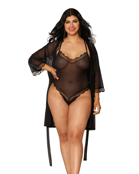 Dreamgirl Black Mesh Robe & Strappy Back Teddy With Lace Trim XL - 3x