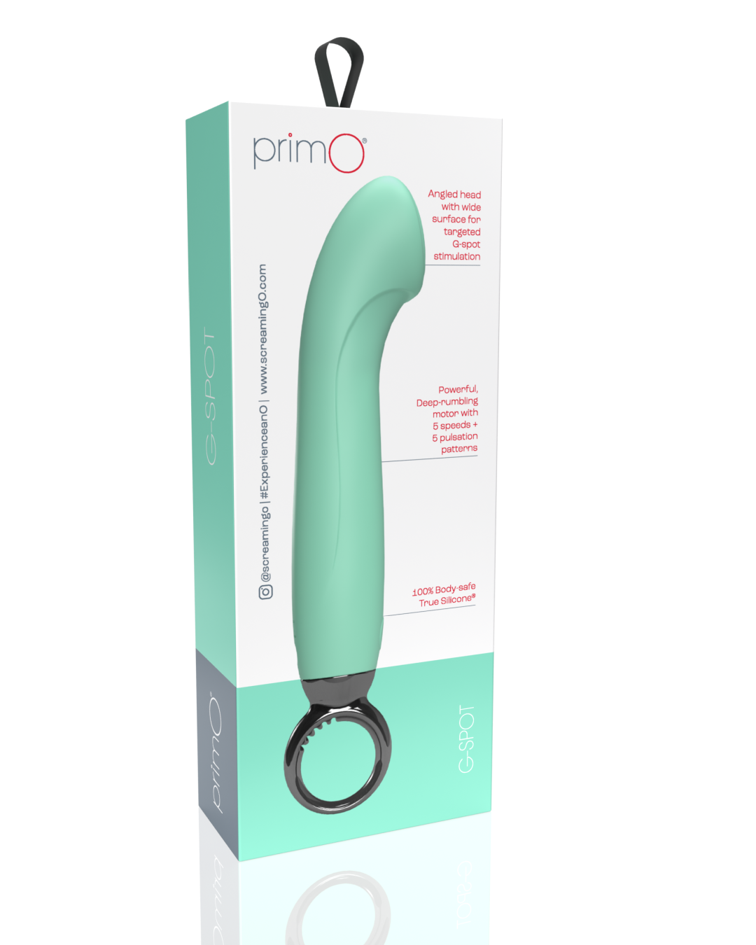 Screaming O Primo G-Spot Vibrator with Finger Loop back of product box 