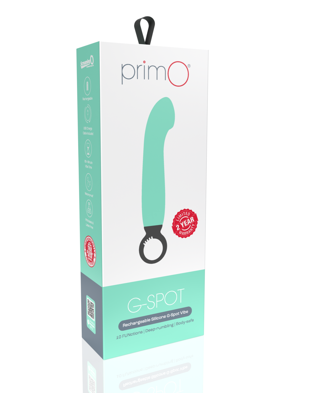 Screaming O Primo G-Spot Vibrator with Finger Loop product box in white and green 