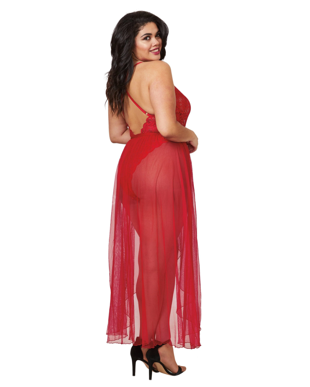 Dark haired model side glance wearing Dreamgirl Red Lace Teddy with Sheer Maxi Skirt & G-string 1x - 3x