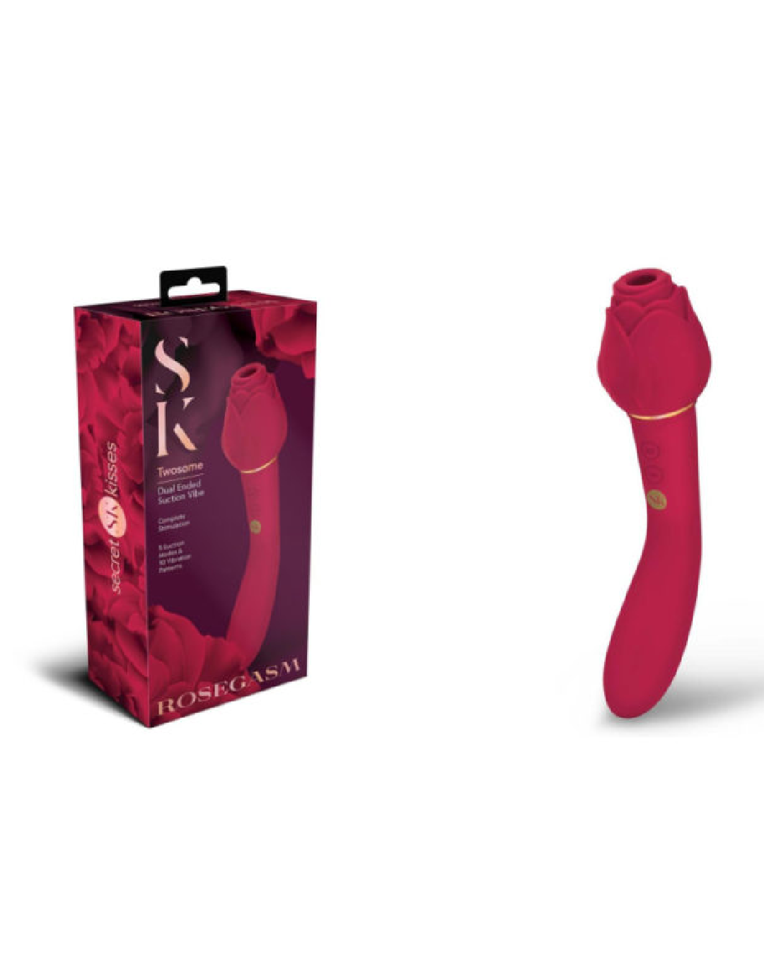 Rosegasm Twosome Double Ended Air Pulsation Vibrator next to box 