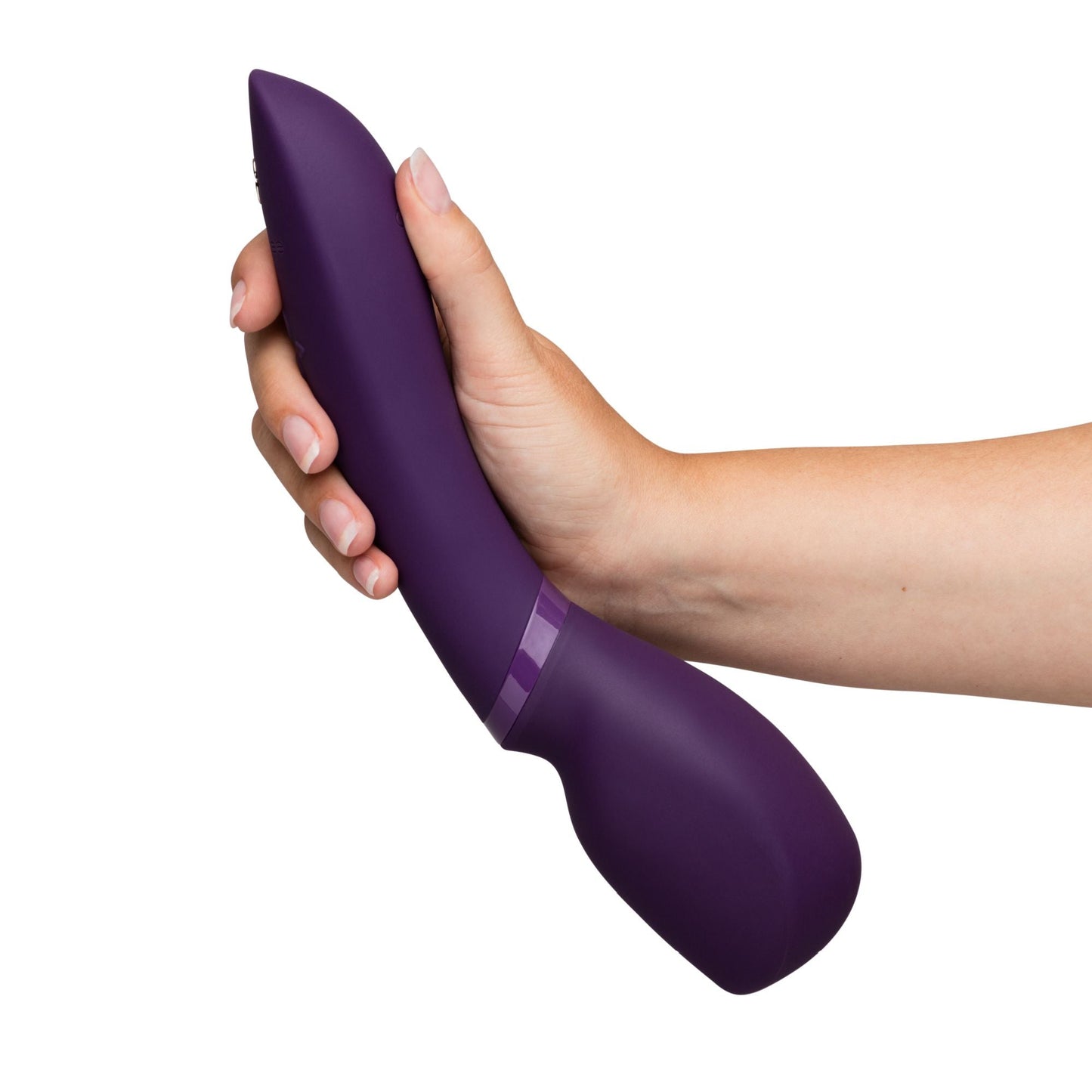 A hand holding a purple, ergonomically designed We-Vibe Wand 2 Powerful Cordless Splashproof App Enabled Vibrator with a smooth finish. The wand features a curved, elongated shape at one end and a larger, rounded handle at the other, offering customizable vibrations for an enhanced experience.