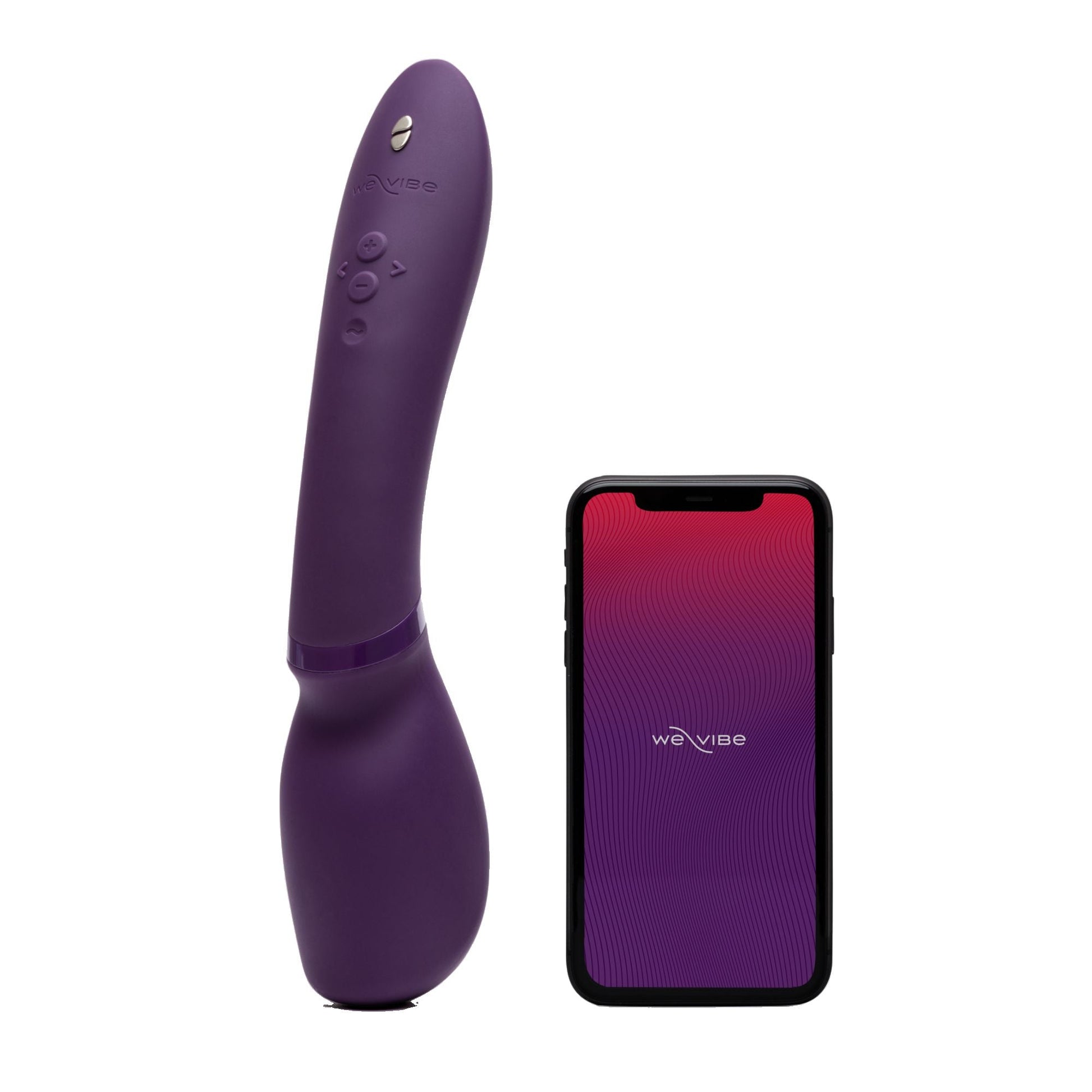 A We-Vibe Wand 2 Powerful Cordless Splashproof App Enabled Vibrator, featuring a purple curved design with side buttons, is shown next to a smartphone displaying the We-Vibe app against a red-to-purple gradient background. The wand vibrator boasts an ergonomic design and customizable vibrations, while the smartphone has a black frame.