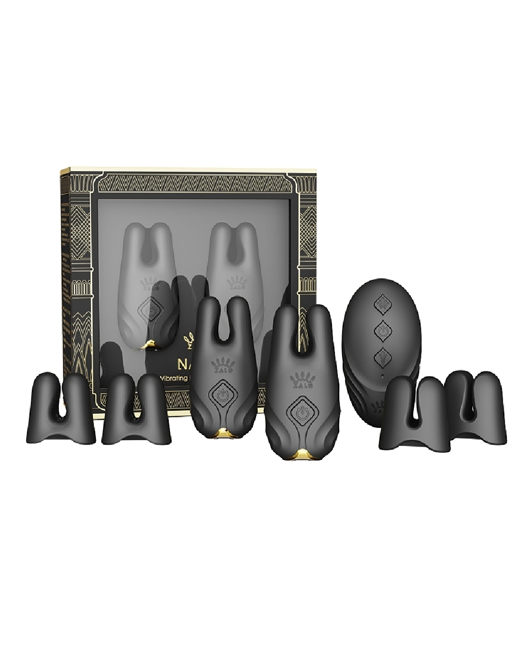 Zalo Nave Vibrating Nipple Clamp Set Black  next to product box 