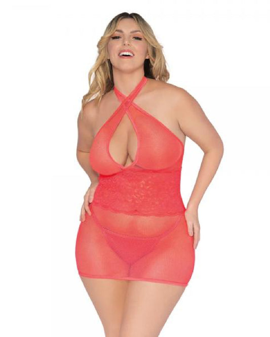 Simply Sexy Stretch Coral Fishnet & Lace Chemise W/open Back & G-string - Queen One SIze