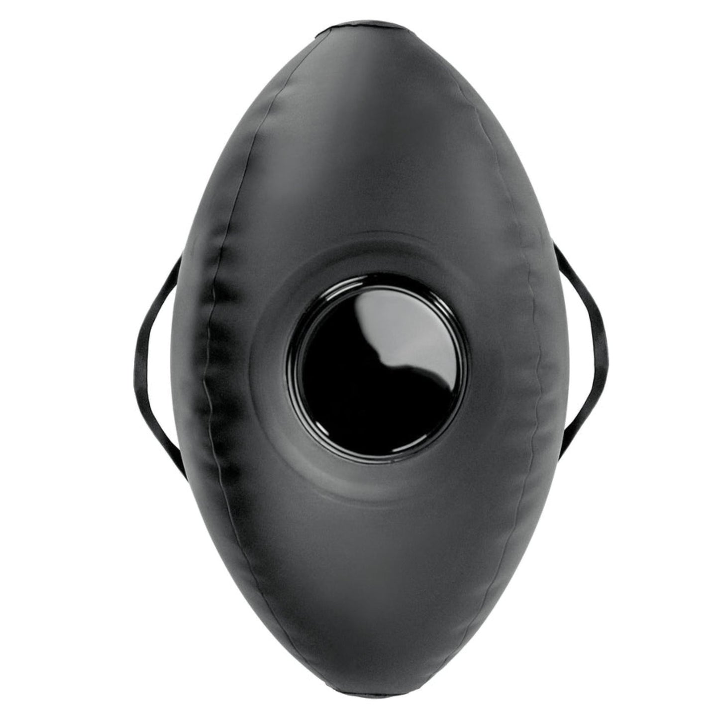 A black, oval inflatable love ball ride-on sex cushion with a shiny central target and two side handles, featuring a sturdy grip like that found on a Body Dock Dildo Mount.