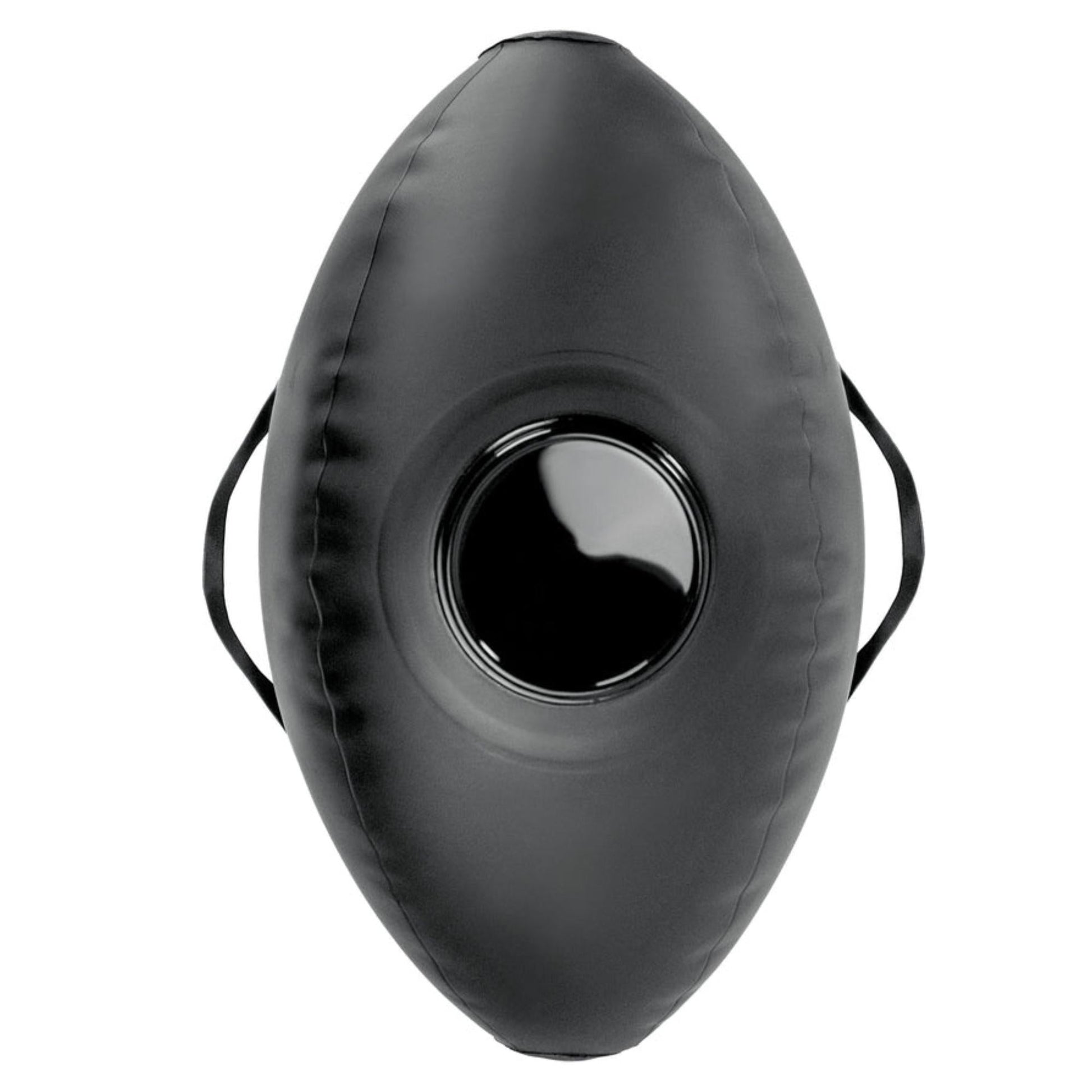 A black, oval inflatable love ball ride-on sex cushion with a shiny central target and two side handles, featuring a sturdy grip like that found on a Body Dock Dildo Mount.