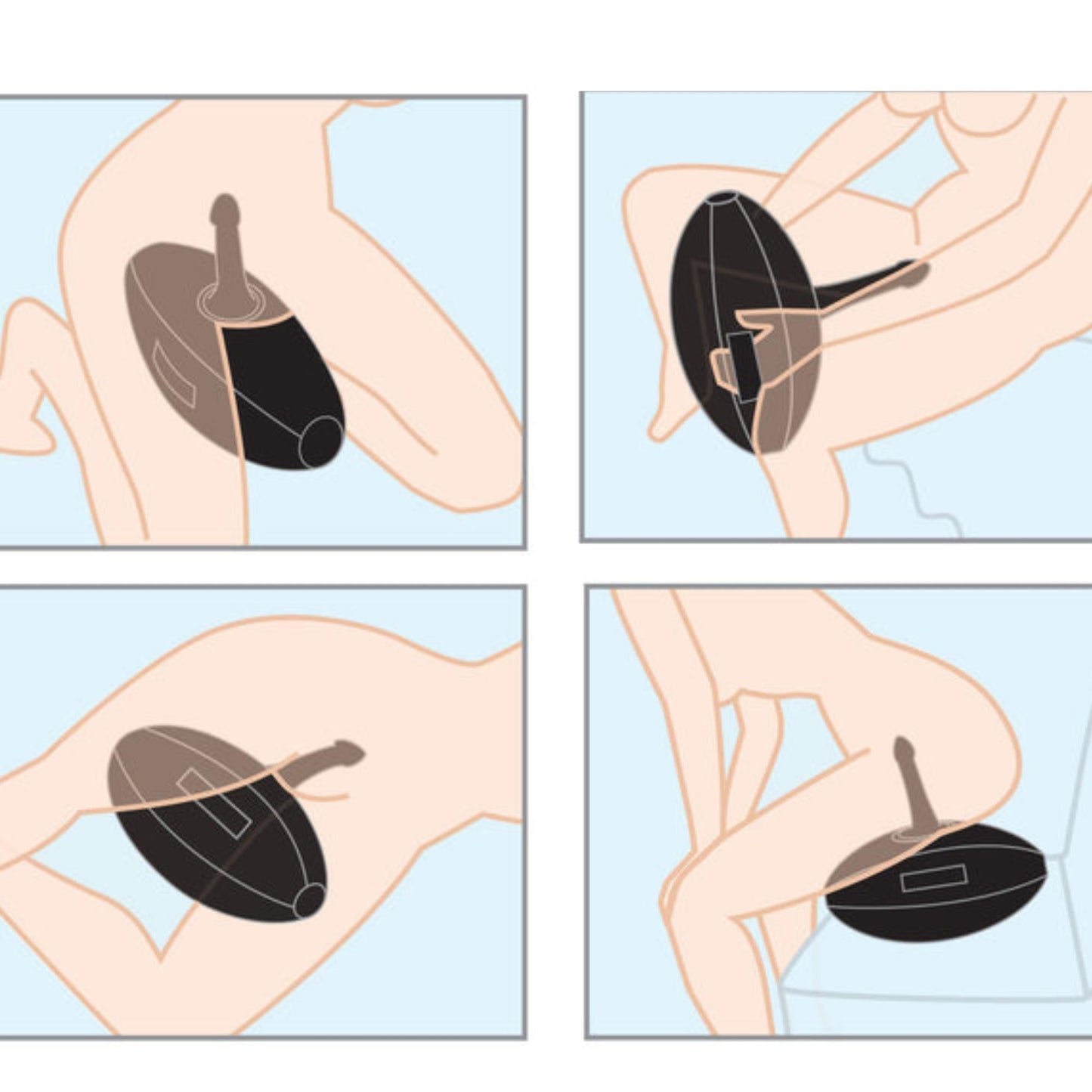 Illustration showing four seated positions using a black handheld device near the upper thigh, demonstrating various uses and angles with an Inflatable Love Ball Ride on Sex Cushion with Dildo Mount.