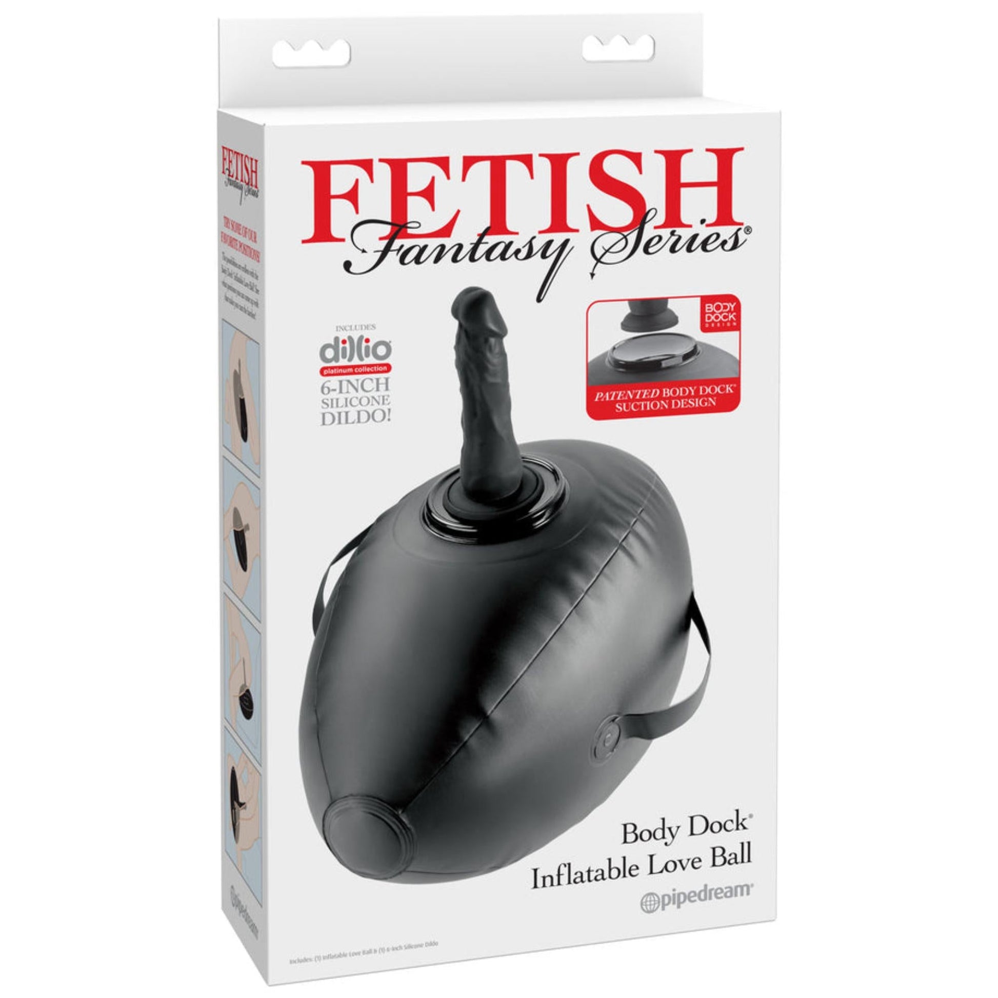 A box of Inflatable Love Ball Ride on Sex Cushion with Dildo Mount, showing the black inflatable cushion with attached dildo mount and handles, along with product details and branding on the packaging.