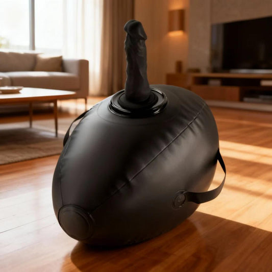 A black Inflatable Love Ball Ride on Sex Cushion with Dildo Mount rests on the floor, paired with another sleek black object.