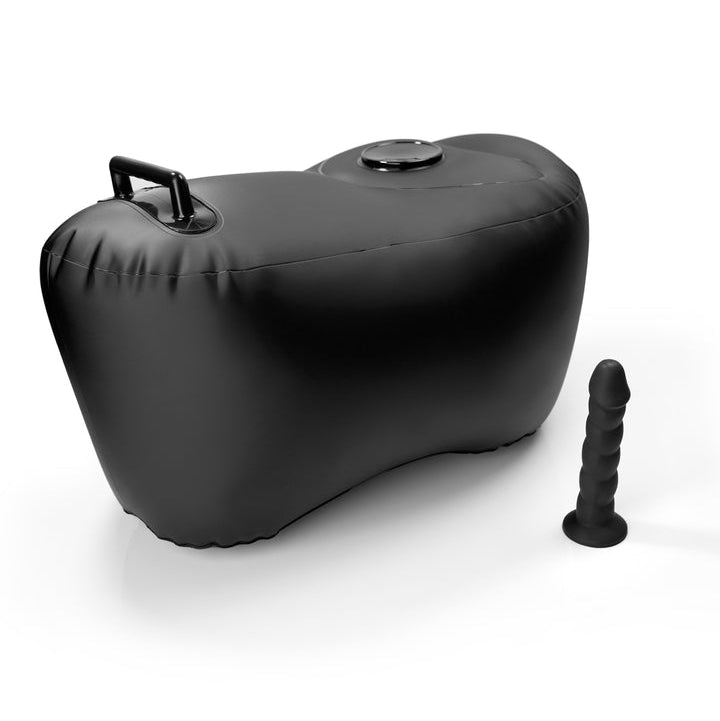 A black Inflatable Love Seat Ride on Sex Cushion with a handle and round cap sits next to a black, ribbed silicone dildo mounted upright, both ready for use.