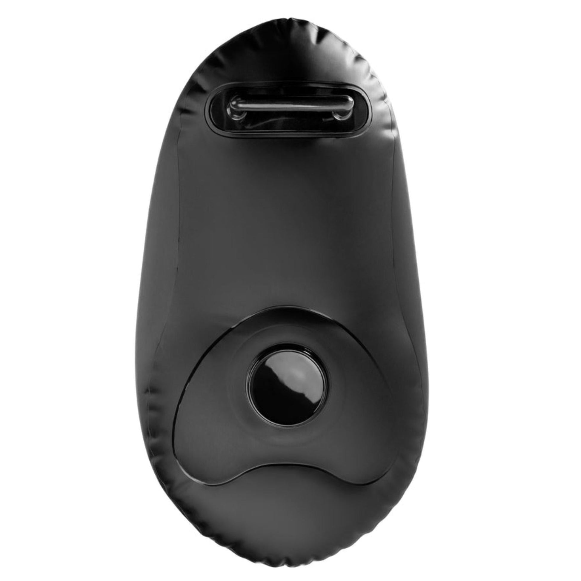 The Inflatable Love Seat Ride on Sex Cushion with Dildo Mount features a glossy black finish, top handle, and circular transparent window near the bottom center, inspired by the Body Dock design for versatile comfort.