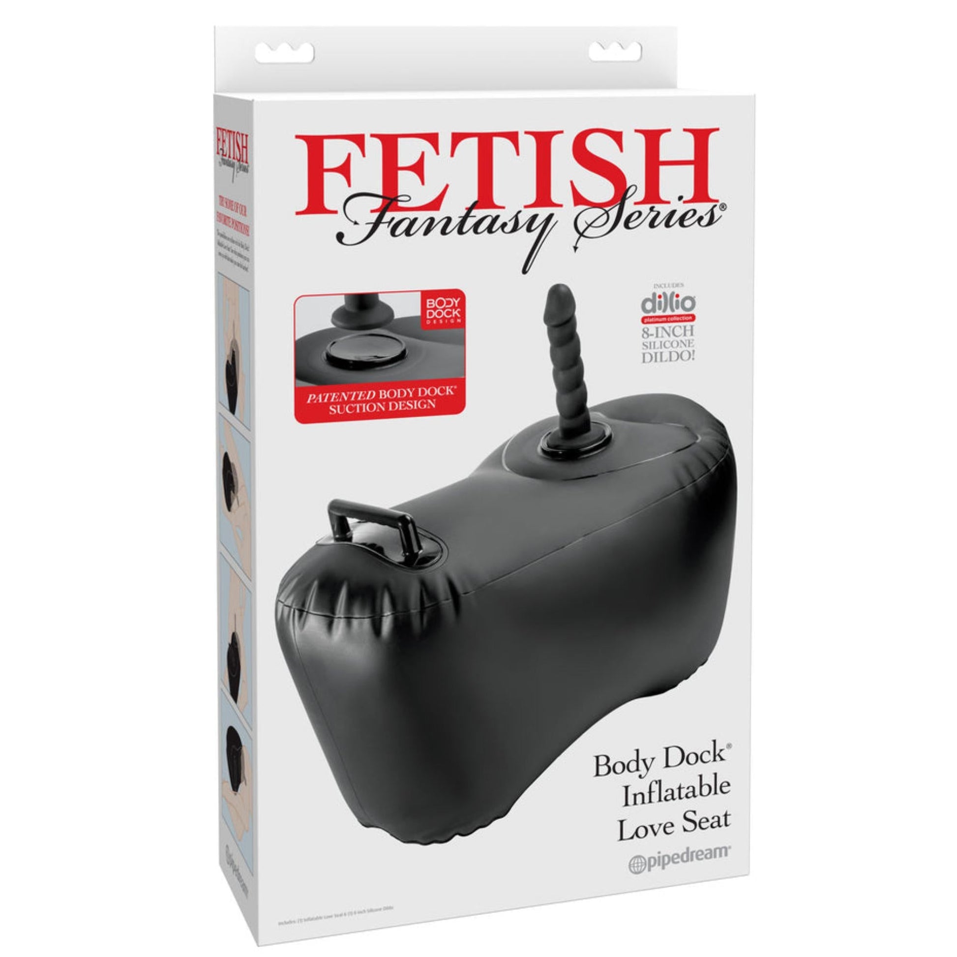 A product box for the Inflatable Love Seat Ride on Sex Cushion with Dildo Mount, showcasing the black seat with secure dildo mount and bold branding along with main features for an enticing display.