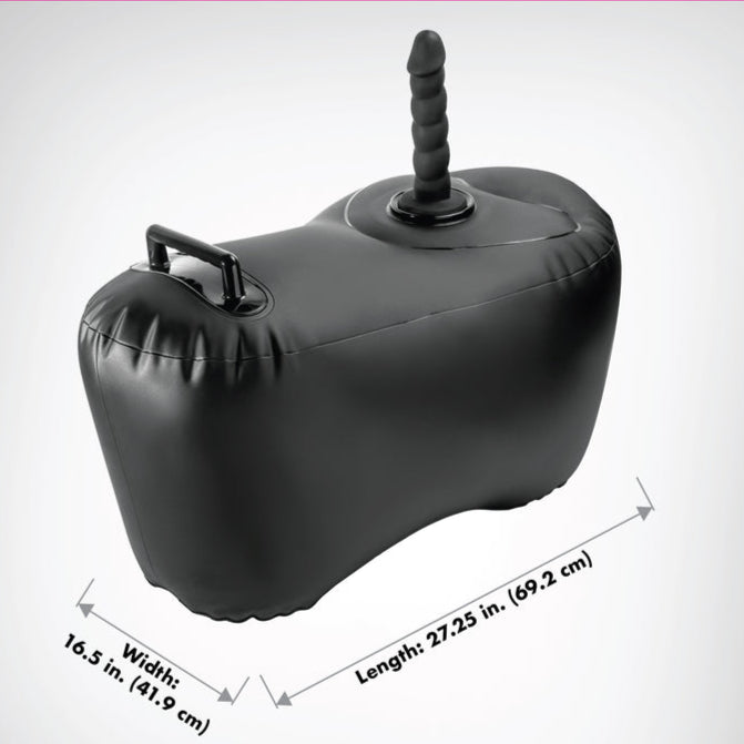 The Inflatable Love Seat Ride on Sex Cushion with Dildo Mount is black, with a handle, ribbed upright mount, Body Dock design, and measures 27.25"L x 16.5"W (69cm x 42cm). Dimensions are shown in both inches and centimeters.