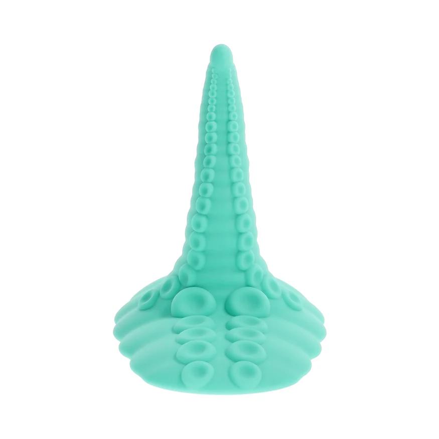 The Octopus Tentacle Insertable Remote Controlled Grinder is a turquoise silicone sex toy with raised suction cup details, designed to stand upright on a flat base, displayed against a white background.