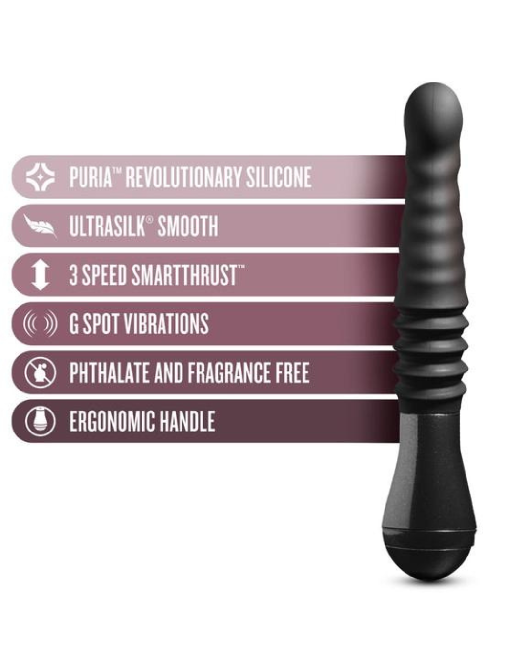 Lazarus Thrusting G-Spot and Prostate 10 Inch Dildo with features listed beside it on a white background
