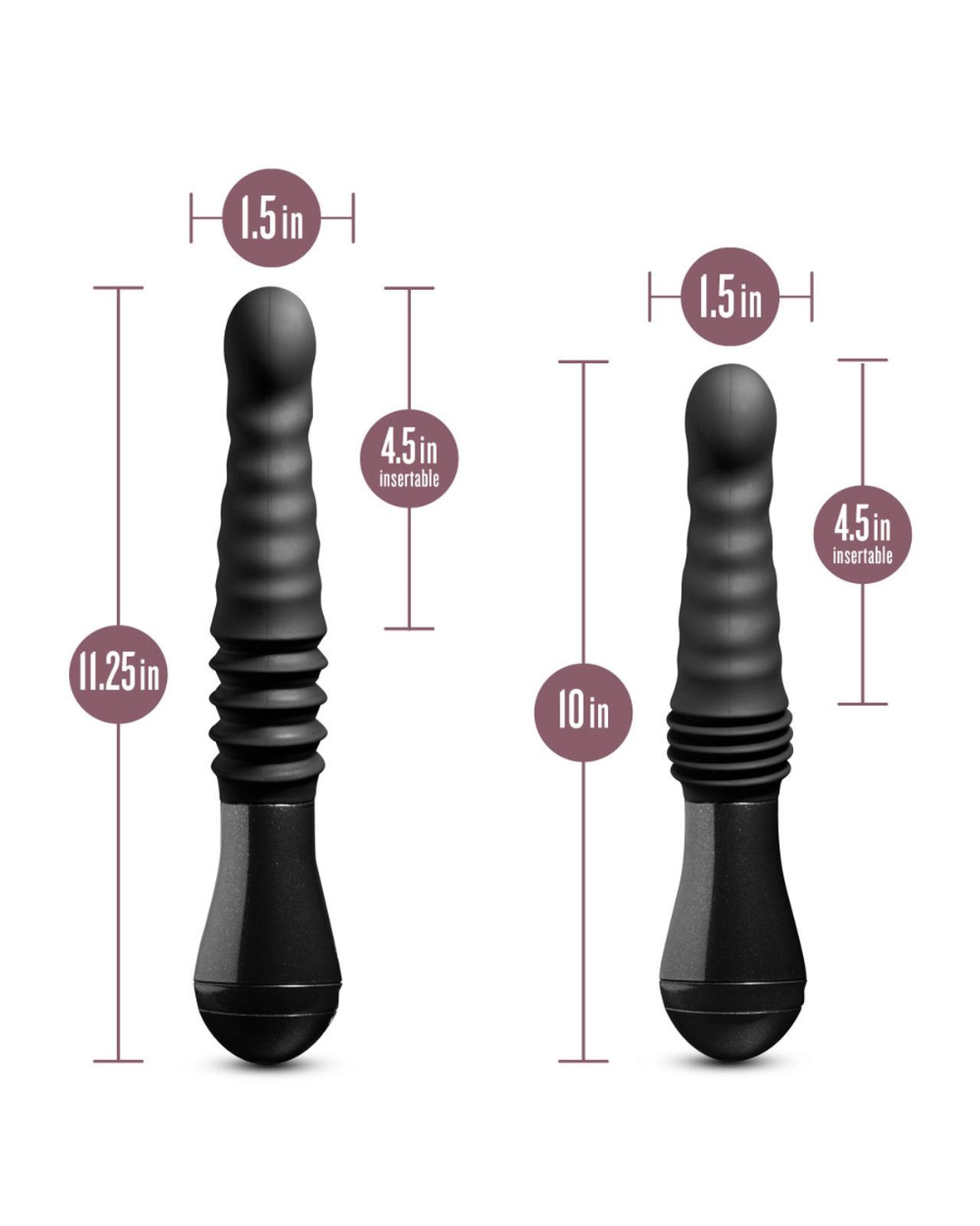 Lazarus Thrusting G-Spot and Prostate 10 Inch Dildo fully extended and normal with different measurements on a white background