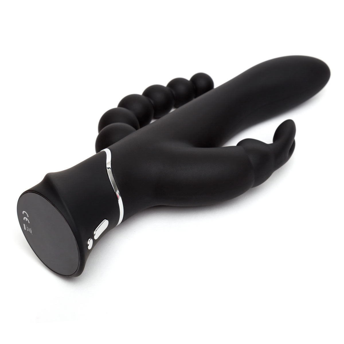 Happy Rabbit Elite Triple Curve Vibrator by Lovehoney - Black against a white background horizontal and showing the shaft, tickler, and anal beads