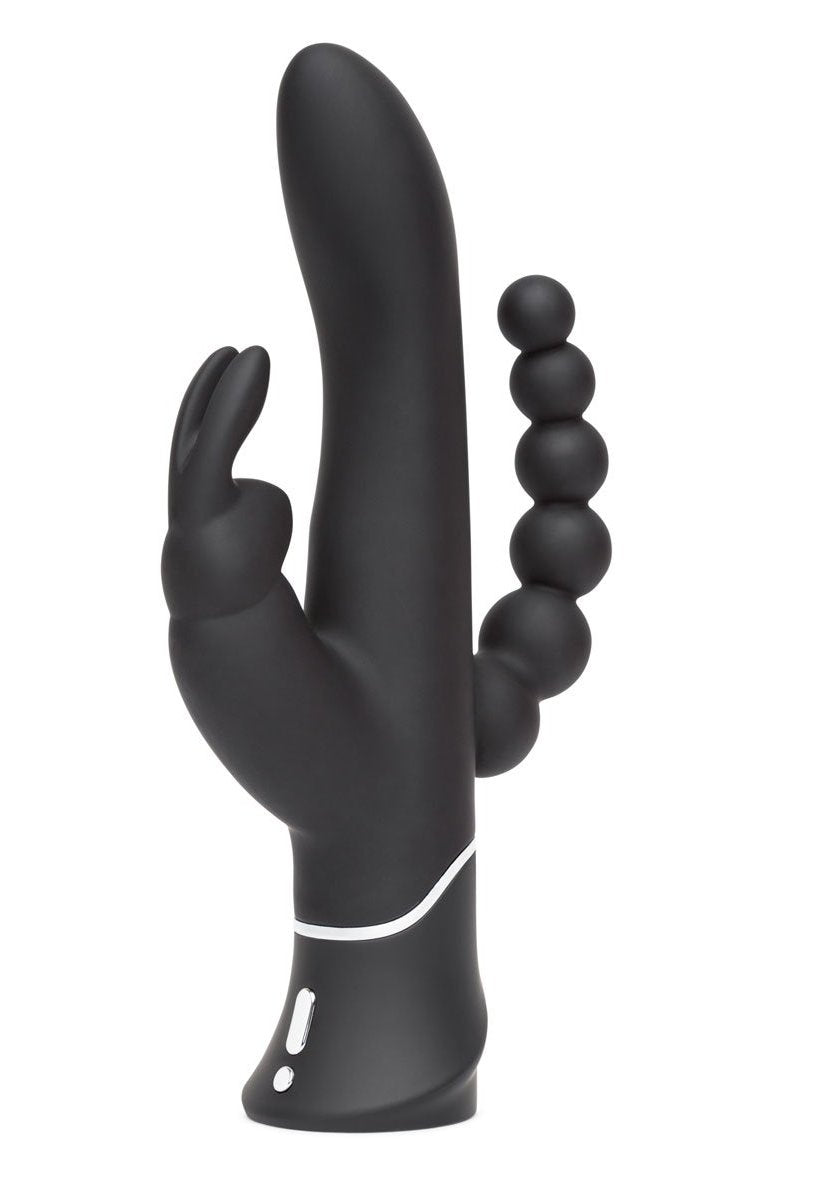 Happy Rabbit Elite Triple Curve Vibrator by Lovehoney - Black against a white background showing the shaft, tickler, and anal beads
