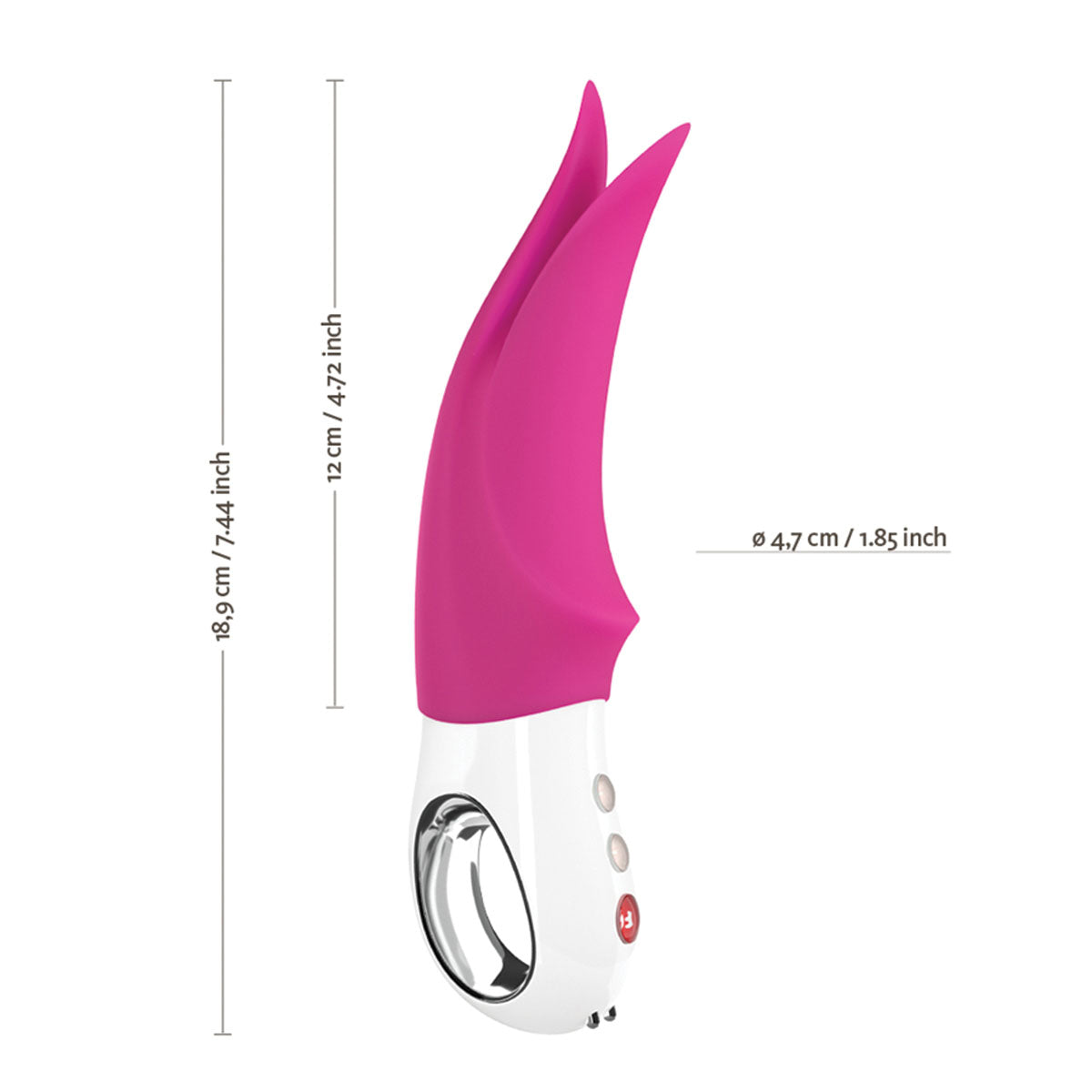 Fun Factory Volta Rechargeable External Vibrator - Blackberry shown against a white background side view with the measurements