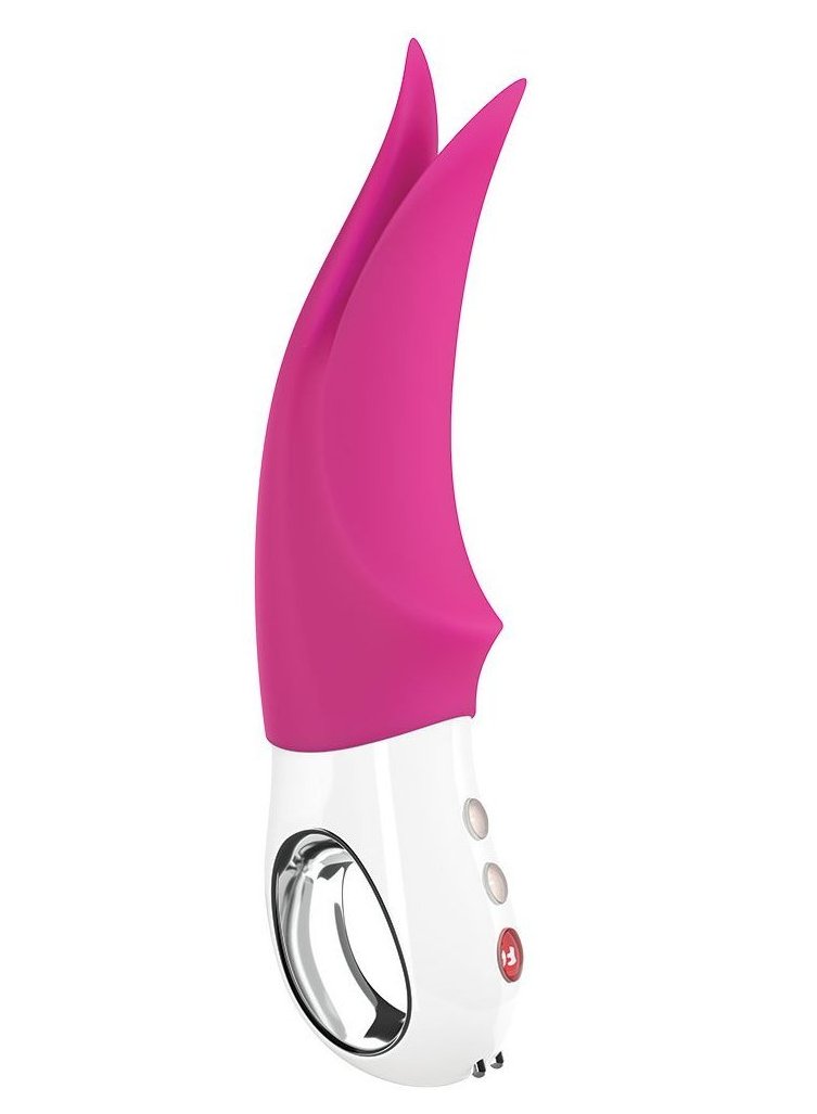 Fun Factory Volta Rechargeable External Vibrator - Blackberry against a white background side view to show the tapered tips and finger loop
