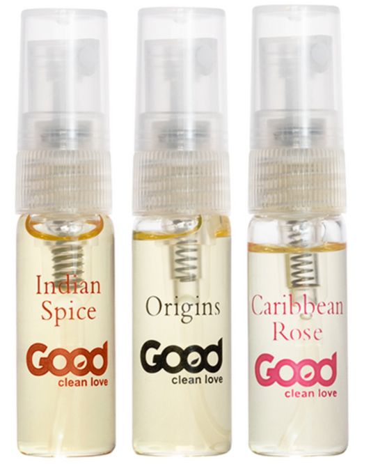 Good Clean Love Sensual Essences Aphrodisiac Essential Oils Kit close up of bottles