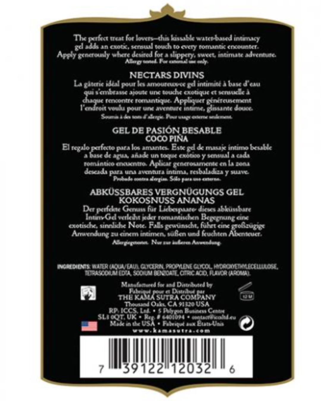 Kama Sutra Divine Nectars Coconut Pineapple Body Glide 5oz back of package