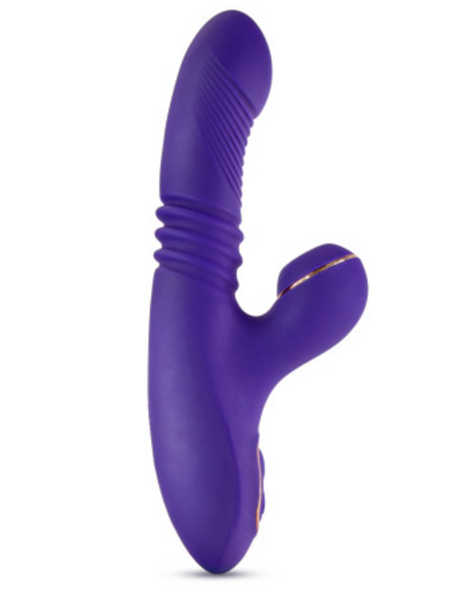 Lush Iris Warming Air Pulsation Dual Stimulation Vibrator against a white background showing a side view of the shaft and stimulator
