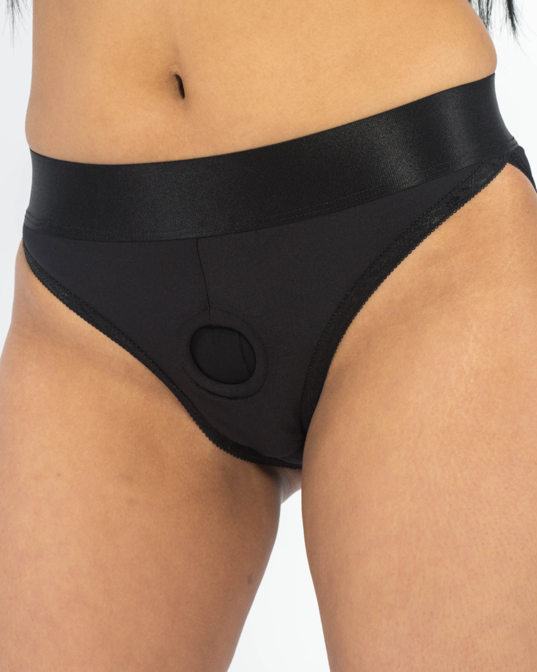 Em. Ex. Silhouette (Crotchless) Strap-On Harness Brief - Black - Small to XXXL front view on a model