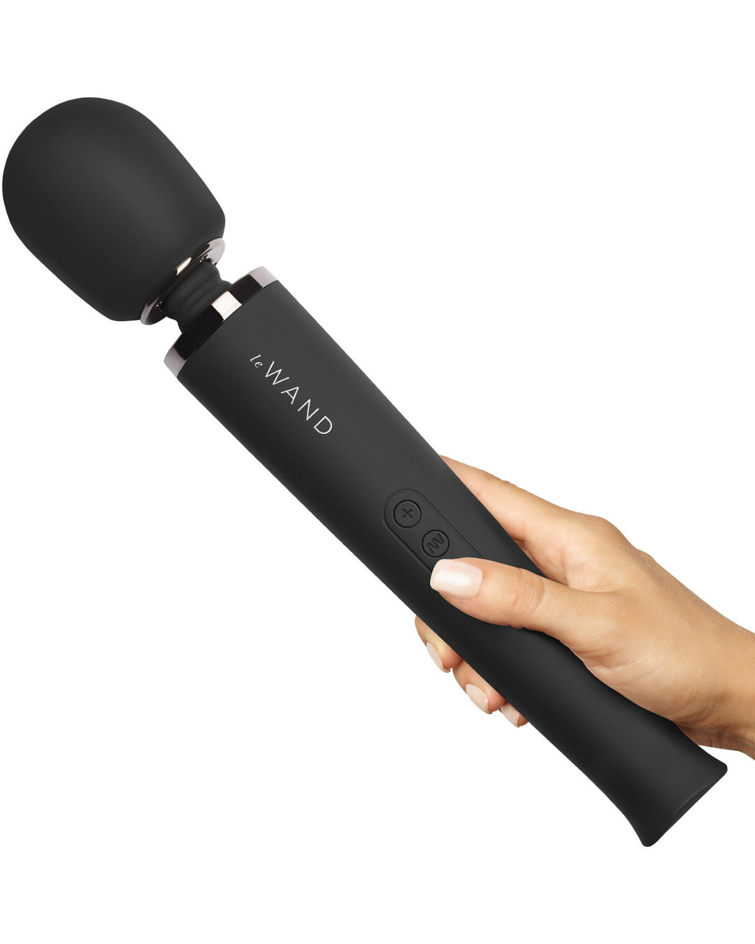 Le Wand Cordless Vibrating Massager - Black held in a person's hand to show the size