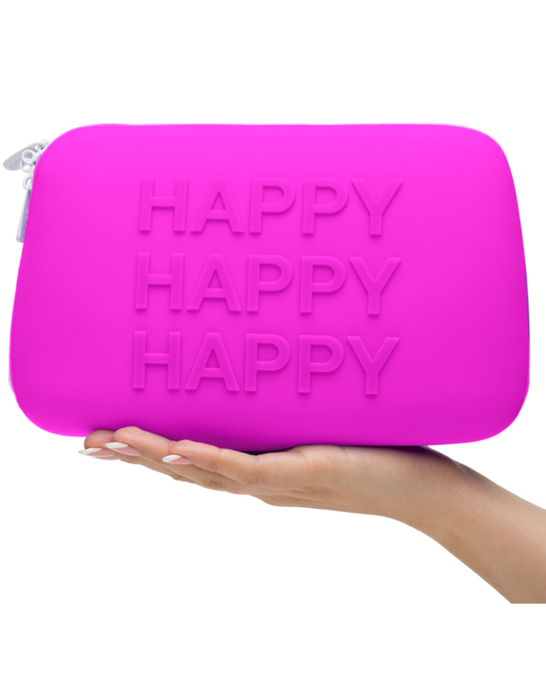Happy Rabbit HAPPY Large Silicone Zipper Storage Case held in a hand