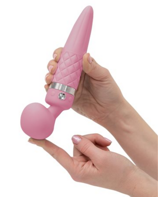 Pillow Talk Sultry Waterproof Double Ended Wand Vibrator - Pink held by hands with a finger bending the flexible neck shaft