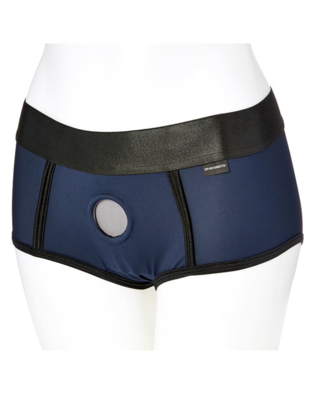 Em. Ex. Fit Strap-On Harness Brief - Navy Blue Small to XXXL worn on a mannequin front view