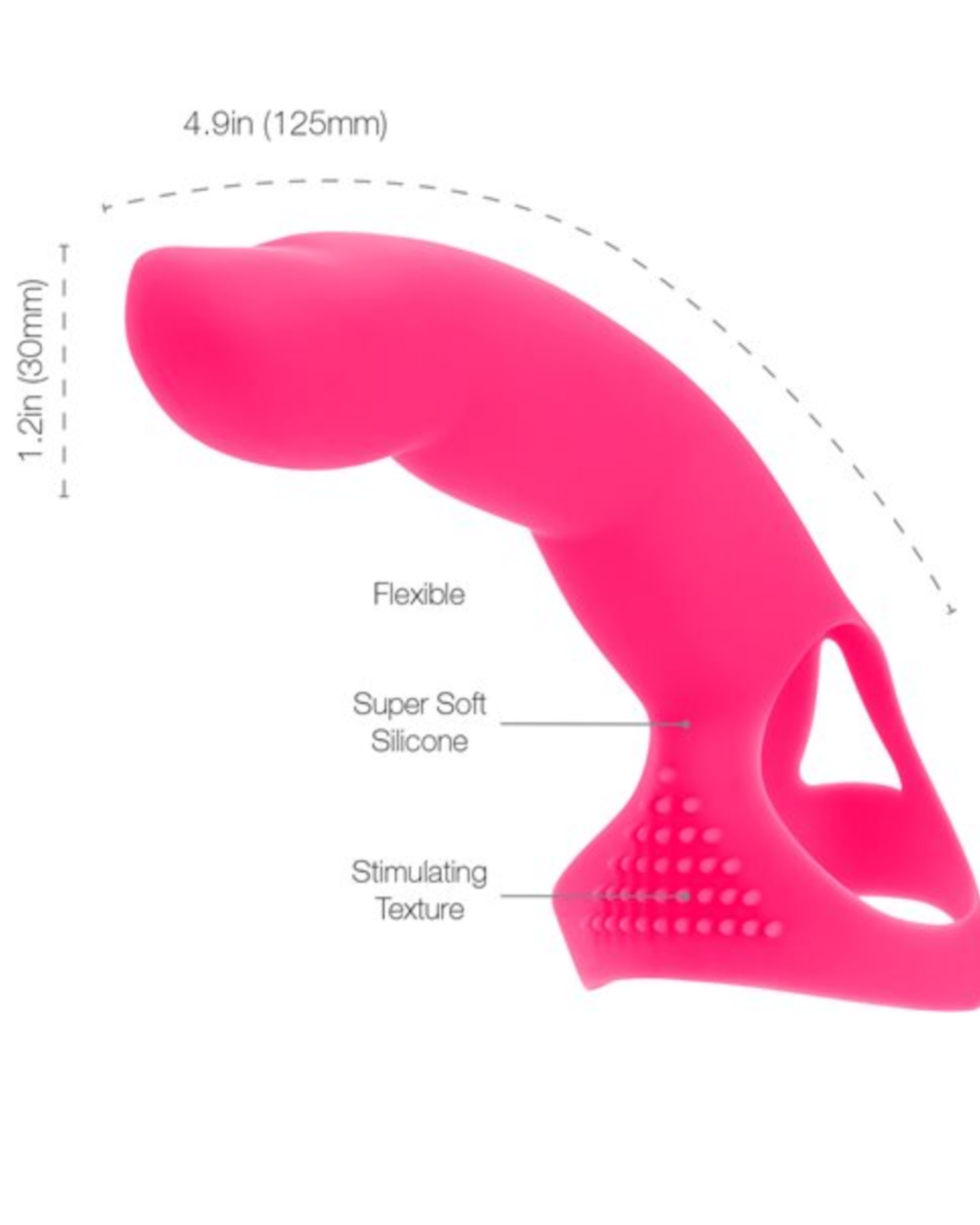 Simple and True Extra Touch Silicone G-Spot Finger Extender - Pink against a white background showing the measurements and design features