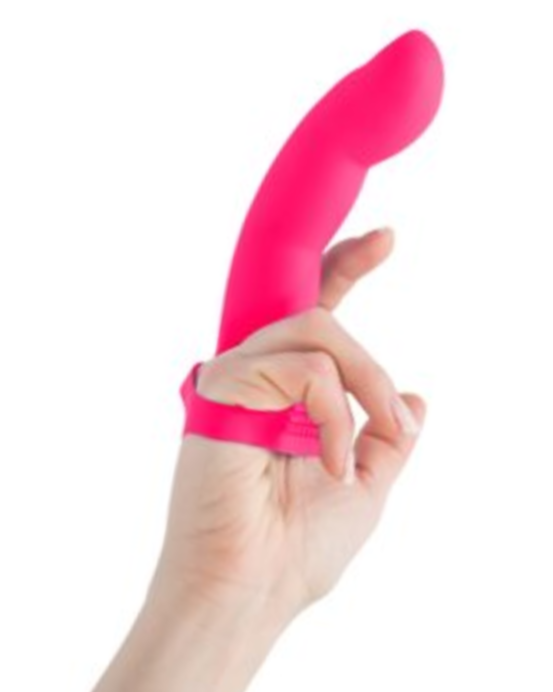Simple and True Extra Touch Silicone G-Spot Finger Extender - Pink against a white background worn on a person's middle finger, showing the whole hand