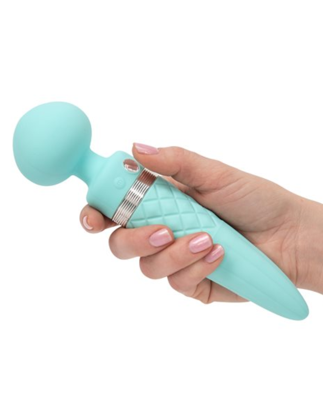 Pillow Talk Sultry Waterproof Double Ended Wand Vibrator - Teal held in a hand