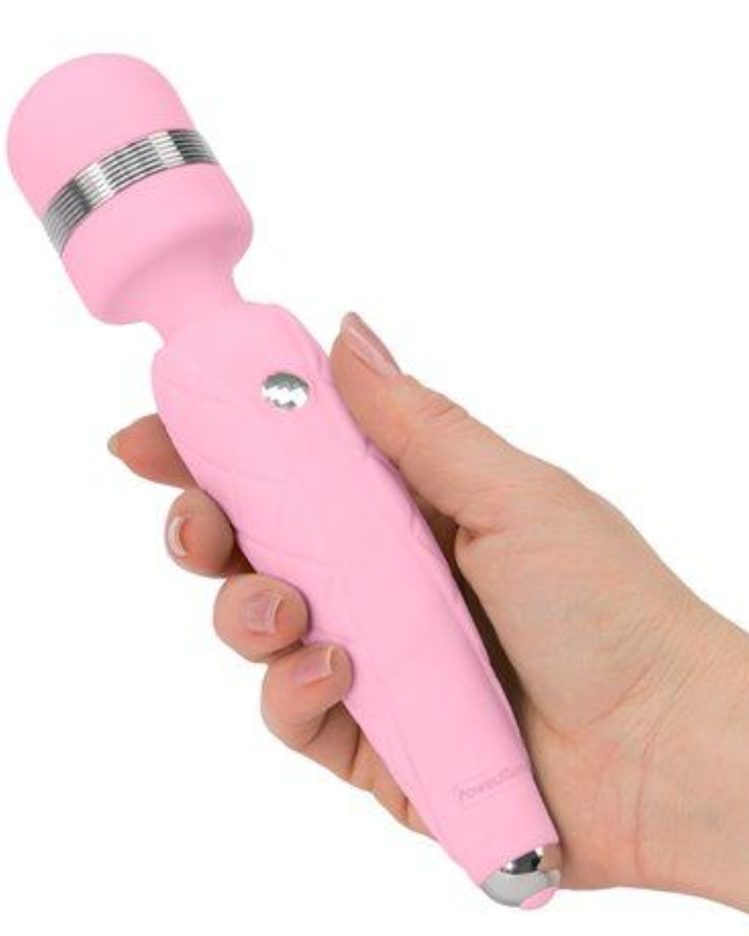 Pillow Talk Cheeky Body Wand Massager by BMS Products - pink held in a person's hand to show the size